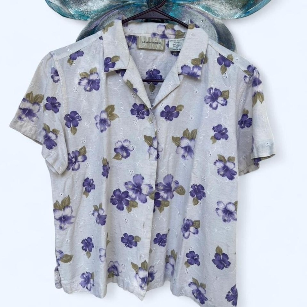 Lemon Grass Purple Hibiscus Floral Eyelet Linen Blend Button Down Shirt Womens M